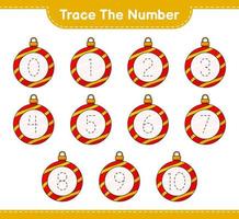 tracer le numéro. numéro de traçage avec boule de noël. jeu éducatif pour enfants, feuille de calcul imprimable, illustration vectorielle vecteur