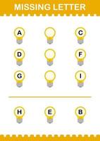 lettre manquante avec ampoule. feuille de travail pour les enfants vecteur