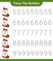 tracer le numéro. numéro de suivi avec chaussette de noël. jeu éducatif pour enfants, feuille de calcul imprimable, illustration vectorielle vecteur