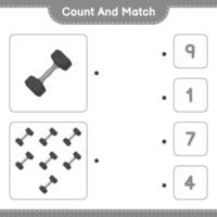 compter et faire correspondre, compter le nombre d'haltères et faire correspondre les bons numéros. jeu éducatif pour enfants, feuille de calcul imprimable, illustration vectorielle vecteur