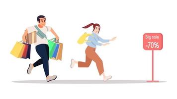 grande illustration de vecteur plat de vente saisonnière. les gens qui courent pour acheter des personnages de dessins animés isolés sur fond blanc. shopping, accros du shopping, marketing, promotion. période des fêtes, achat de cadeaux