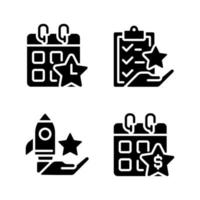 les icônes de glyphe noir du programme de bonus des employés sont définies sur un espace blanc. incitation et rétention en milieu de travail. récompense de temps libre. prime annuelle. symboles de silhouettes. pack de pictogrammes solides. illustration vectorielle isolée vecteur