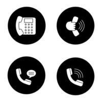 jeu d'icônes de glyphe de communication téléphonique. téléphone fixe, combiné en main, appel entrant, message vocal. illustrations de silhouettes blanches vectorielles dans les cercles noirs vecteur