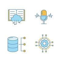 jeu d'icônes de couleur d'apprentissage automatique. reconnaissance vocale, cloud computing, base de données relationnelle, paramètres numériques. illustrations vectorielles isolées vecteur