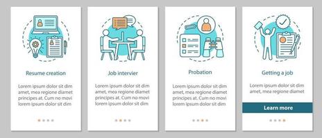 obtenir un nouveau processus de travail sur l'écran de la page de l'application mobile avec des concepts linéaires. création de CV, entretien d'embauche, instructions graphiques des étapes de probation. ux, ui, modèle vectoriel gui avec illustrations