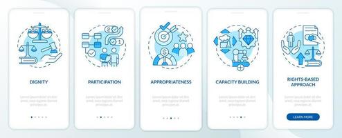 concepts de coopération internationale écran d'application mobile d'intégration bleu. pas à pas en 5 étapes pages d'instructions graphiques avec des concepts linéaires. ui, ux, modèle d'interface graphique. vecteur