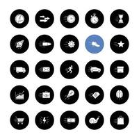 jeu d'icônes de glyphe de mouvement. la rapidité. objets volants. prestations rapides. illustrations de silhouettes blanches vectorielles dans les cercles noirs vecteur