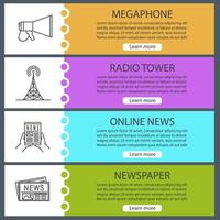 ensemble de modèles de bannières web de médias de masse. mégaphone, tour de télévision ou de radio, actualités en ligne, journal. éléments de menu couleur du site Web avec des icônes linéaires. concepts de conception d'en-têtes vectoriels vecteur