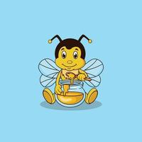 personnage de logo d'abeille avec porte-miel en verre vecteur