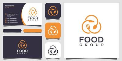 création de logo alimentaire avec le concept d'une icône d'épingle combinée à une fourchette, un couteau et une cuillère. conception de carte de visite