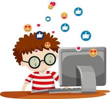 un garçon ringard utilisant un ordinateur avec des icônes de médias sociaux vecteur