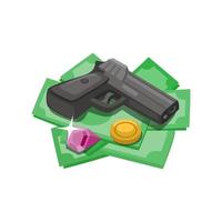 arme à feu sur l'argent avec pièce d'or et diamant, vecteur d'illustration de dessin animé de symbole criminel