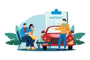 concessionnaire automobile expliquant le contrat de vente à un couple qui achète une voiture vecteur