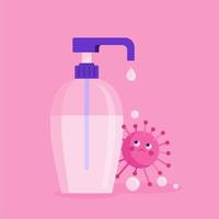 caractère de virus corona effrayé avec une bouteille de savon liquide vecteur