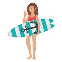 un gars avec une planche de surf dans les mains. clipart de doodle plat. tous les objets sont repeints. vecteur