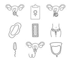 ensemble d'icônes de fine ligne de gynécologie. échographie, bilan de santé, fécondation artificielle, chirurgie gynécologique, pilule contraceptive, menstruation coupe menstruelle, tampon, compresse, dispositif intra-utérin. vecteur