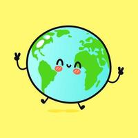 planète terre sautante drôle mignonne. icône d'illustration de personnage de dessin animé kawaii dessiné à la main de vecteur. isolé sur fond jaune. notion de planète terre vecteur