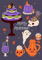 carte postale avec nourriture d'halloween et inscription happy halloween. graphiques vectoriels. vecteur