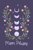phases de lune et fleurs sur fond violet. graphiques vectoriels. vecteur