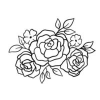 bouquet floral avec des fleurs et des feuilles dans le style de contour. dessin au trait vecteur roses. bouquet élégant isolé sur fond blanc