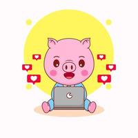 cochon mignon travaillant sur l'illustration de dessin animé de personnage d'ordinateur portable vecteur