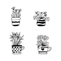 les plantes d'intérieur en pots définissent l'icône dessinée à la main. , minimalisme, scandinave, monochrome, fleurs de plantes autocollant nordique vecteur