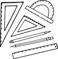 ensemble de crayons de règle dessinés à la main dans un style minimalisme scandinave doodle. collection d'éléments pour icône de conception, carte, autocollant, affiche. dessin, école, étude, triangle, angle, transparent vecteur