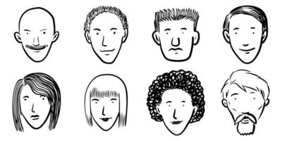 ensemble de visages dessinés à la main mignons et divers isolés sur fond blanc. illustration vectorielle. vecteur