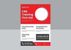 modèle d'affiche de flyer de formation en cpr et premiers secours. conception d'affiche de dépliant de cours de formation en RCR. conception de dépliant de formation en RCR pour adultes en secourisme. vecteur