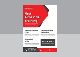 modèle d'affiche de flyer de formation en cpr et premiers secours. conception d'affiche de dépliant de cours de formation en RCR. conception de dépliant de formation en RCR pour adultes en secourisme. vecteur