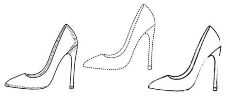 dessin croquis contour silhouette de chaussures pour femmes à la mode. style de ligne et coups de pinceau vecteur