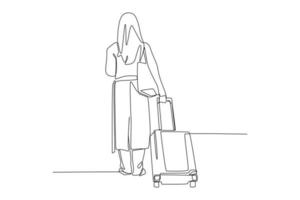 une ligne continue dessinant la vue arrière d'une voyageuse debout et attendant avec une valise de maintien dans la gare. concept de la journée mondiale du tourisme. illustration graphique vectorielle de dessin à une seule ligne. vecteur