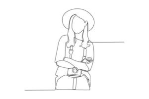 une ligne continue dessinant une jeune femme avec un chapeau debout avec un appareil photo. concept de la journée mondiale du tourisme. illustration graphique vectorielle de dessin à une seule ligne. vecteur