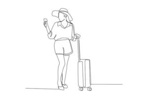 une ligne continue dessinant une jolie femme touriste se préparant à voyager debout et tenant des bagages. concept de la journée mondiale du tourisme. illustration graphique vectorielle de dessin à une seule ligne. vecteur