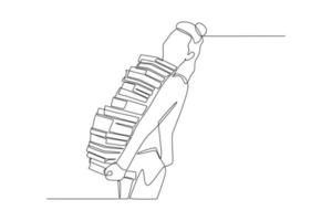 une seule ligne dessinant une jeune étudiante portant une pile de livres sur le dos. concept de la journée des amoureux des livres. illustration graphique vectorielle de dessin à une seule ligne. vecteur