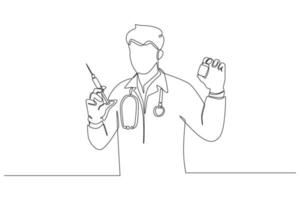un seul dessin d'une ligne médecin détient le vaccin et la seringue pour un patient. besoin d'un concept de médecin. illustration vectorielle graphique de conception de dessin en ligne continue. vecteur