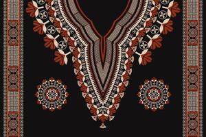 motif de broderie de fleurs à encolure de couleur rouge-or ethnique avec bordure d'éléments de décoration sur fond noir. mode de chemises d'art tribal africain. vecteur