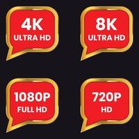 couleur dorée 8k ultra hd, 4k ultra hd, 1080p full hd, icône de résolution hd 720p vecteur