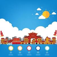 ville chinoise et architecture ancienne avec danse du dragon. illustration vectorielle vecteur