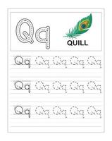 feuilles de travail de traçage de l'alphabet coloré pour enfants, q est pour la plume vecteur