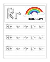 feuilles de travail de traçage de l'alphabet coloré pour enfants, r est pour arc-en-ciel vecteur