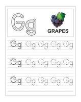 feuilles de travail de traçage de l'alphabet coloré pour enfants, g est pour les raisins vecteur