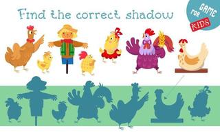 trouver l'ombre correcte. jeu pour enfants. activité, illustration vectorielle. famille de poulets avec coq, poussins et épouvantail de ferme. vecteur