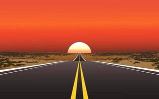 coucher de soleil dans le désert avec autoroute droite vecteur