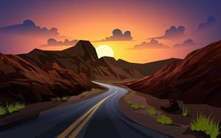 paysage au coucher du soleil dans le désert avec montagnes et route incurvée vecteur