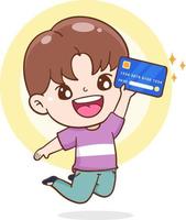 adolescent de dessin animé de personnage tenant une carte de crédit, shopping avec carte de crédit, concept financier et monétaire, illustration plate vecteur
