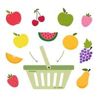 panier de supermarché vert avec des fruits. constructeur. assemblez-le vous-même. achat de fruits frais. marché des fermiers. acheter des produits bio. concept éco. illustration vectorielle plane vecteur