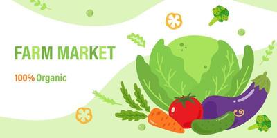 bannière de nourriture végétale fraîche avec des légumes de dessin animé. bannière promotionnelle pour le marché des agriculteurs. légumes frais dessinés à la main. illustration vectorielle. format horizontal