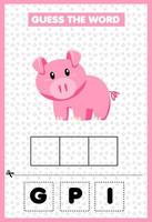 jeu éducatif pour les enfants devinez le mot lettres pratiquant le cochon de dessin animé mignon vecteur