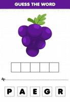 jeu éducatif pour les enfants devinez les lettres de mots pratiquant le raisin de fruits mignon vecteur